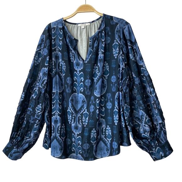 Chico's Ikat Print Boho Top Women Size 16 (3-XL) Blue Floral Pleated Puff Sleeve - Picture 1 of 10